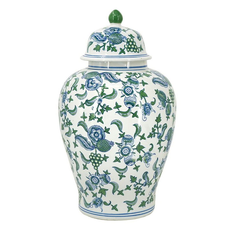 Ваза с крышкой и зелено-голубым цветочным узором на белом фоне Blue & White Ornament Белый Синий Ваза с крышкой и зелено-голубым цветочным узором на белом фоне Blue & White Ornament Белый Синий в Уфе | Loft Concept
