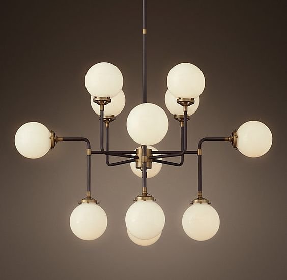 Люстра RH Bistro Globe Milk Glass 12-Light Chandelier Латунь Черный Белый в Уфе | Loft Concept 