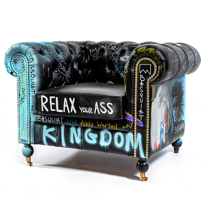 Кресло "Баския и Уорхол" Basquiat Warhol graffiti chair натуральная кожа Черный Мульти в Уфе | Loft Concept 