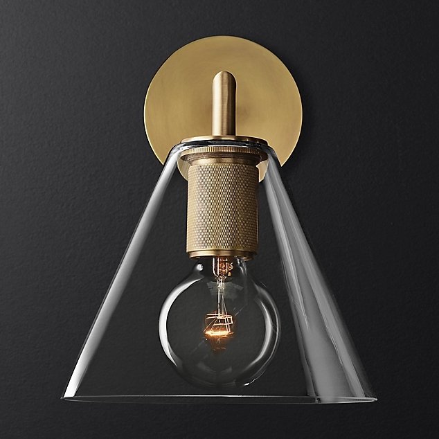 Бра RH Utilitaire Funnel Shade Single Sconce Brass Прозрачное Стекло Латунь в Уфе | Loft Concept 