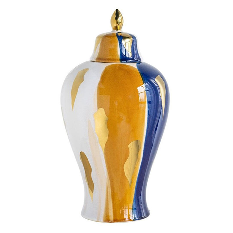 Ваза с крышкой и мазками синего и золого цвета на белом фоне Chinoiserie Ceramics Белый Оранжевый Золотой Синий Ваза с крышкой и мазками синего и золого цвета на белом фоне Chinoiserie Ceramics Белый Оранжевый Золотой Синий в Уфе | Loft Concept