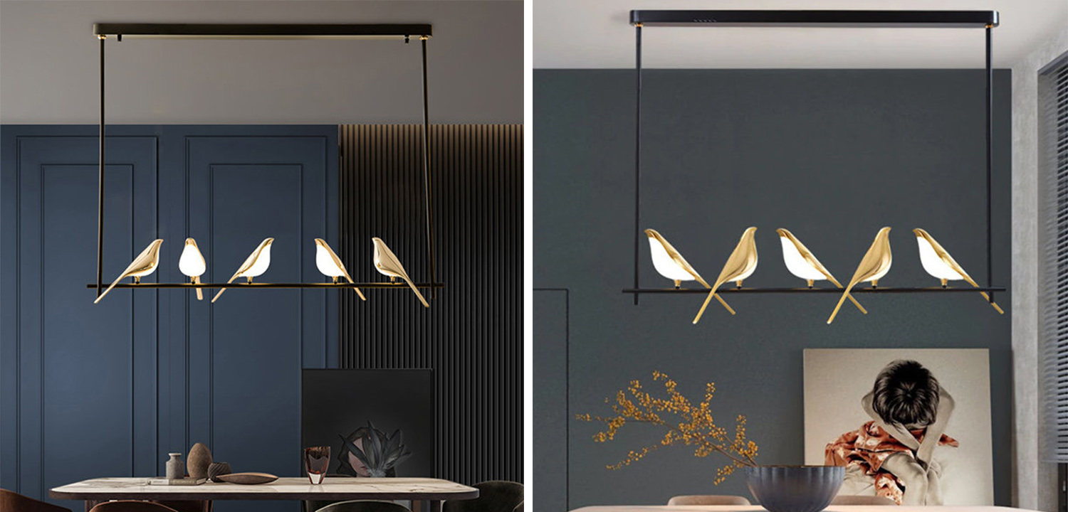Люстра с золотыми птичками линейная NOMI Chandelier line  Five birds - фото