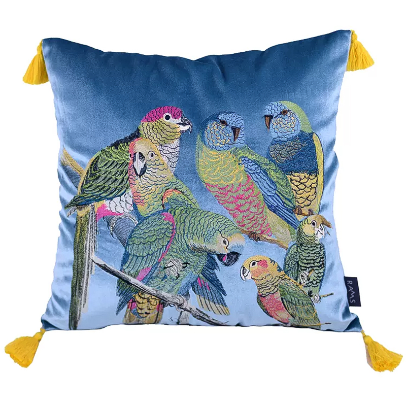 Декоративная подушка с вышивкой Embroidery Parrots Pillow Blue Голубой Мульти в Уфе | Loft Concept 