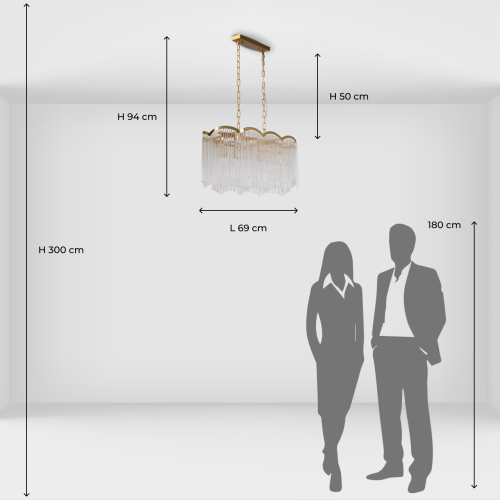 Люстра прямоугольная на цепях с прозрачными трубками и волнистым краем Nembus в Уфе