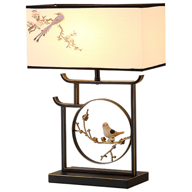 Настольная лампа с абажуром Bird Chinese Style Modern Table Lamp Черный Бежевый Золотой в Уфе | Loft Concept 