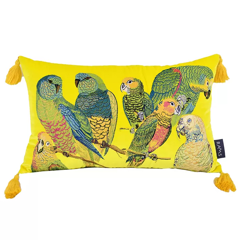 Декоративная подушка с вышивкой Embroidery Parrots Long Pillow Yellow Желтый Мульти в Уфе | Loft Concept 