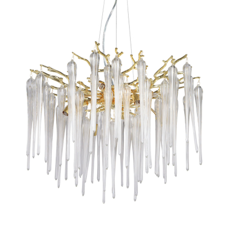 Люстра золотого цвета с декоративными ветками и длинными прозрачными стеклянными подвесами в форме сосулек Droplet Chandelier Золотой Прозрачный в Уфе | Loft Concept 