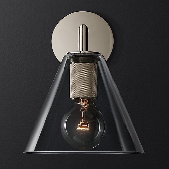 Бра RH Utilitaire Funnel Shade Single Sconce Silver Прозрачное Стекло Никель в Уфе | Loft Concept 