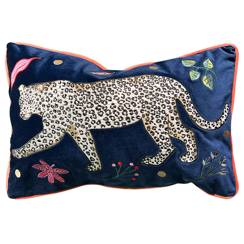 Декоративная подушка с вышивкой Panther Embroidery Cushion Темно-синий Мульти в Уфе | Loft Concept 