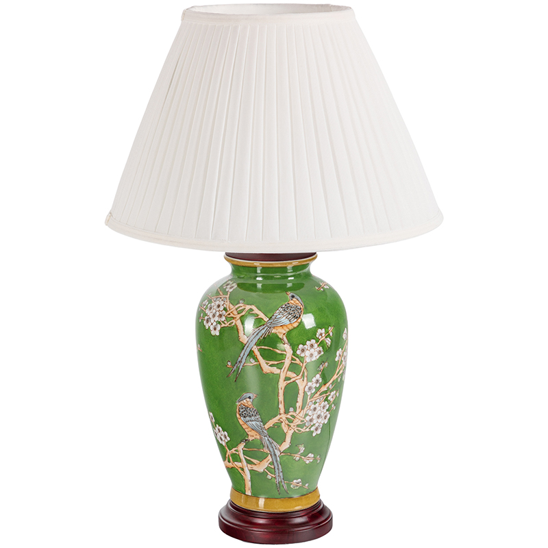 Настольная лампа с абажуром Birds Green Chinoiserie Lampshade Зеленый Белый Коричневый в Уфе | Loft Concept 