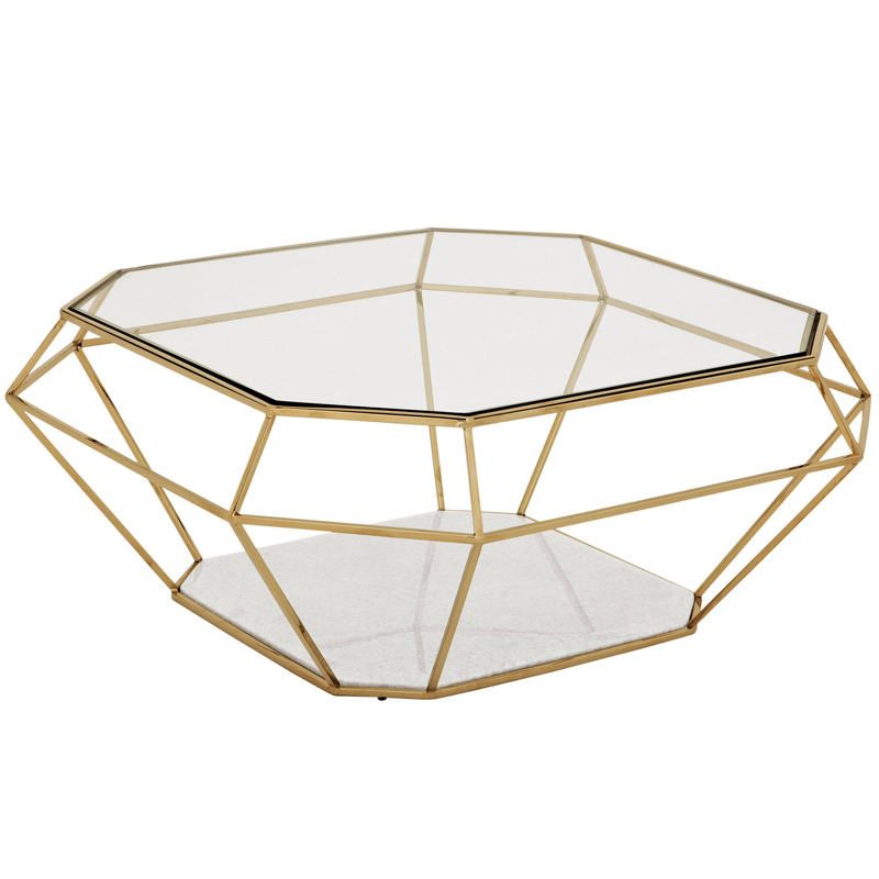 Кофейный стол Eichholtz Coffee Table Asscher Золотой Прозрачный Белый Мрамор Bianco в Уфе | Loft Concept 