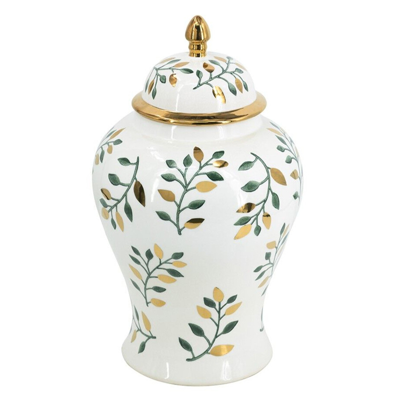 Ваза белая с крышкой с рисунком зеленых и золотых листьев 48 см Chinoiserie Ceramics Белый Зеленый Золотой в Уфе | Loft Concept 