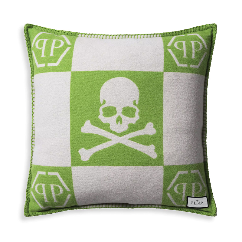 Подушка Philipp Plein Cushion Cashmere Skull 45 x 45 Green Зеленый Белый в Уфе | Loft Concept 