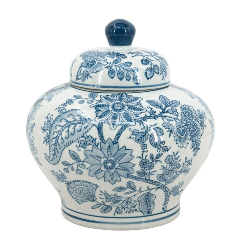 Ваза с крышкой и синим узором в виде цветов и листьев Blue & White Ornament Белый Синий Ваза с крышкой и синим узором в виде цветов и листьев Blue & White Ornament Белый Синий в Уфе | Loft Concept