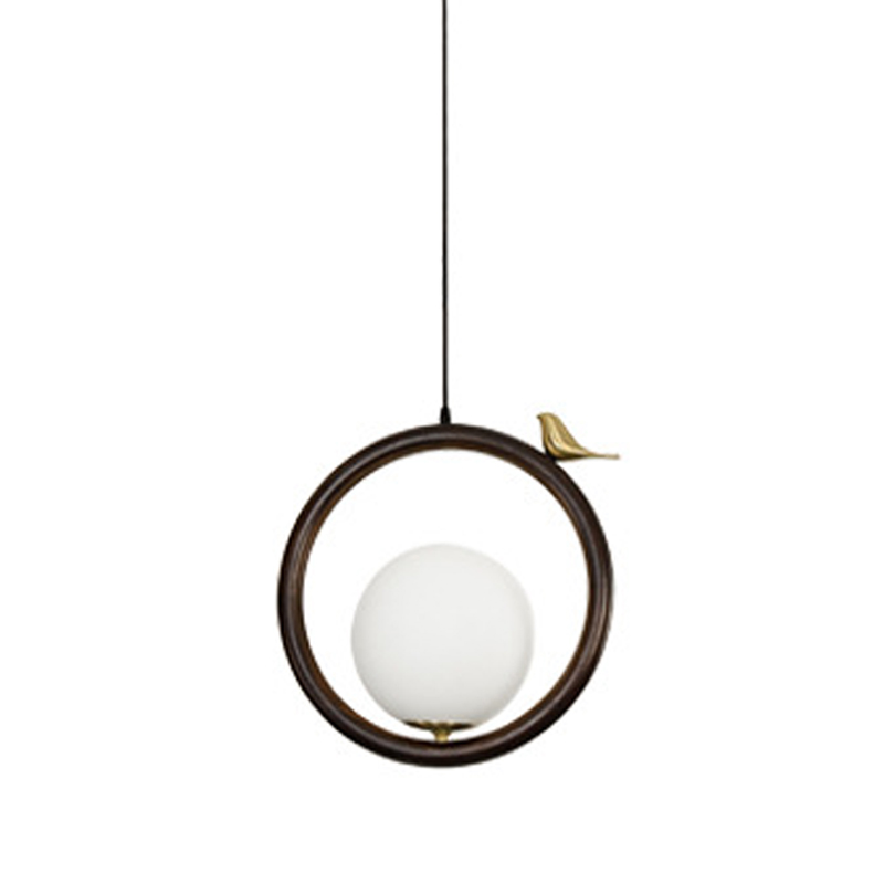 Светильник с птичкой Bird Wood Ring Hanging Lamp Латунь Белый Коричневый в Уфе | Loft Concept 