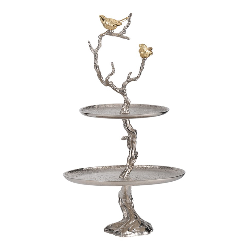 Блюдо двухъярусное Birds on Branches silver Сатиновое Серебро  Золотой в Уфе | Loft Concept 