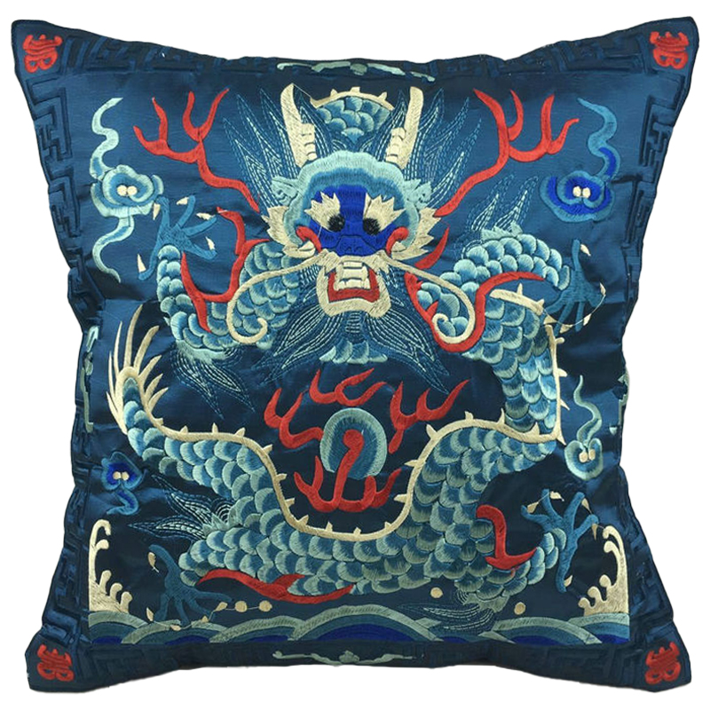 Декоративная подушка с вышивкой Chinese Dragon Blue Мульти Синий в Уфе | Loft Concept 