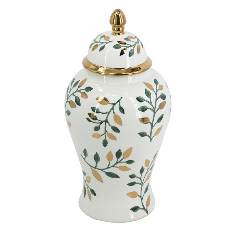 Ваза белая с крышкой с рисунком зеленых и золотых листьев 40 см Chinoiserie Ceramics Белый Зеленый Золотой Ваза белая с крышкой с рисунком зеленых и золотых листьев 40 см Chinoiserie Ceramics Белый Зеленый Золотой в Уфе | Loft Concept
