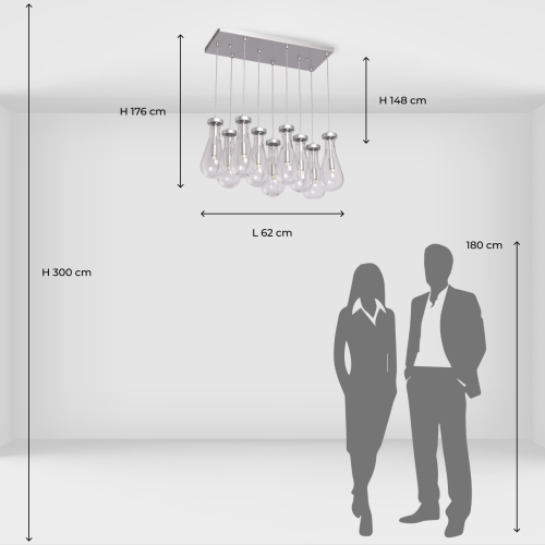 Люстра с 9-ю прозрачными плафонами из стекла в форме капли на прямоугольном потолочном основании цвета хром Lucid Rain  в Уфе