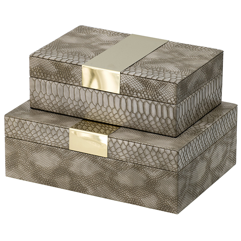 Комплект шкатулок Imitation Snakeskin Boxes Бежево-серый Глянцевое золото в Уфе | Loft Concept 