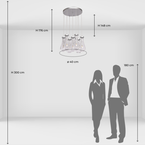 Люстра с 7-ю прозрачными плафонами из стекла в форме капли на круглом потолочном основании цвета хром Lucid Rain  в Уфе