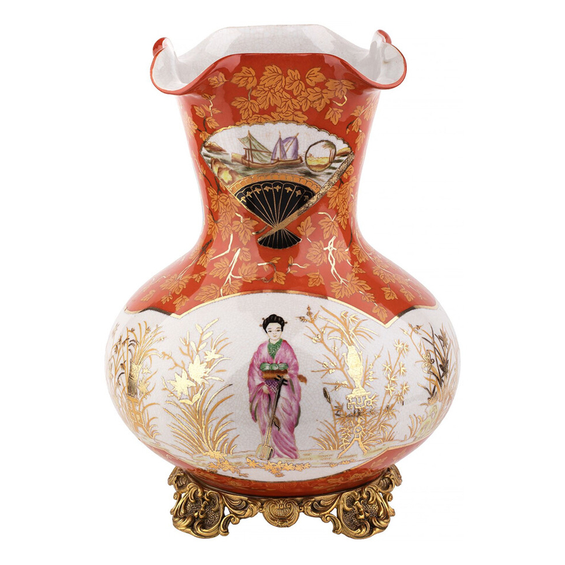 Ваза красного цвета с рисунком Chinoiserie Ceramics Белый Красный Бронза в Уфе | Loft Concept 