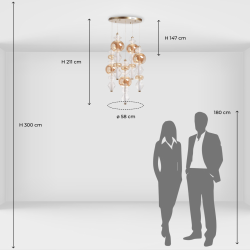 Люстра с плафонами из прозрачного и янтарного стекла в виде шаров и ромбов Gabriel Scott Luna в Уфе