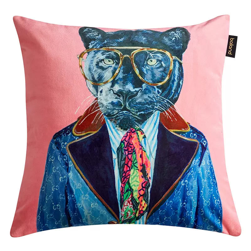 Декоративная подушка Стиль Gucci Panther Fashion Animals Cushion Pink Розовый Синий Мульти в Уфе | Loft Concept 