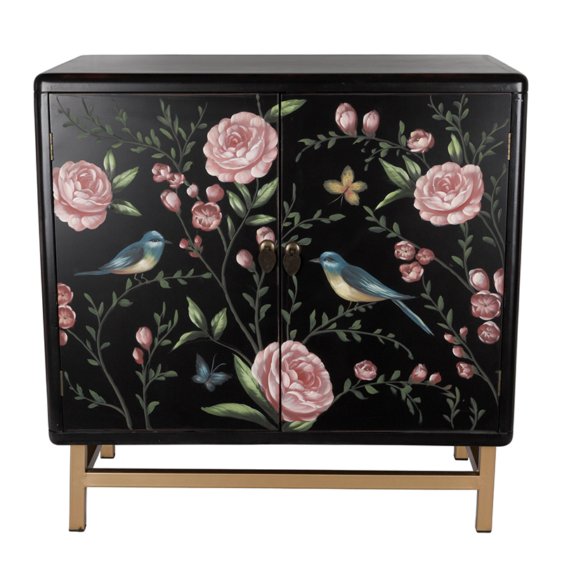 Комод с росписью птицы и цветы Black Chest Of Drawers Peonies Черный Черный Золотой Мульти в Уфе | Loft Concept 