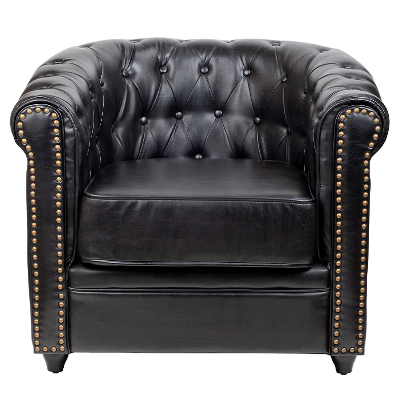 Кресло кожаное с мягкими подлокотниками на 4-х деревянных ножках Logan Leather Armchair black Черный в Уфе | Loft Concept 