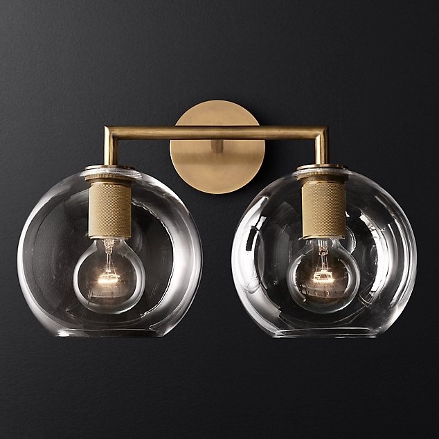 Бра RH Utilitaire Globe Shade Double Sconce Brass Прозрачное Стекло Латунь в Уфе | Loft Concept 