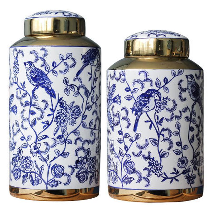 Вазы Ceramic Oriental Blue Ornament Birds Vases Синий Белый Золотой в Уфе | Loft Concept 