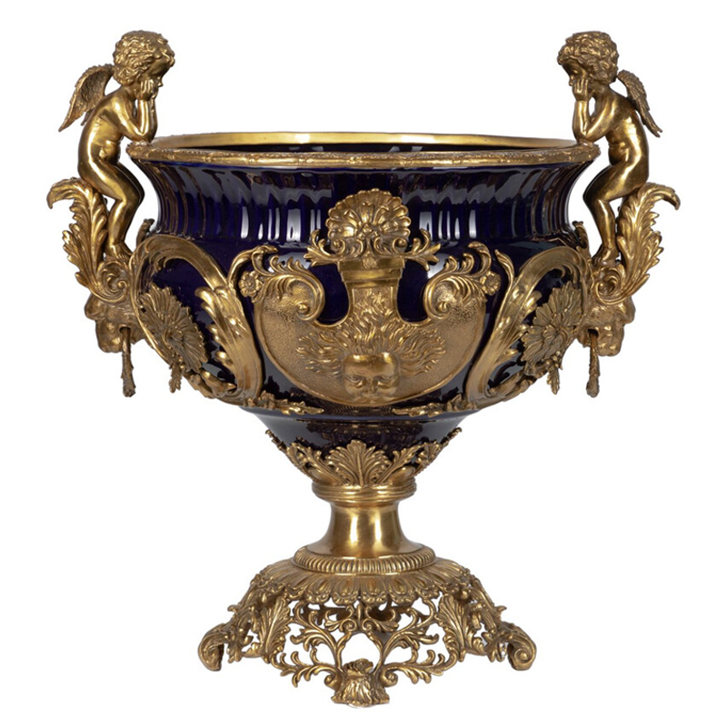 Чаша темно-синего цвета с фигурками ангелов и рельефным декором Eden Garden porcelain and bronze Темно-синий Бронза Чаша темно-синего цвета с фигурками ангелов и рельефным декором Eden Garden porcelain and bronze Темно-синий Бронза в Уфе | Loft Concept
