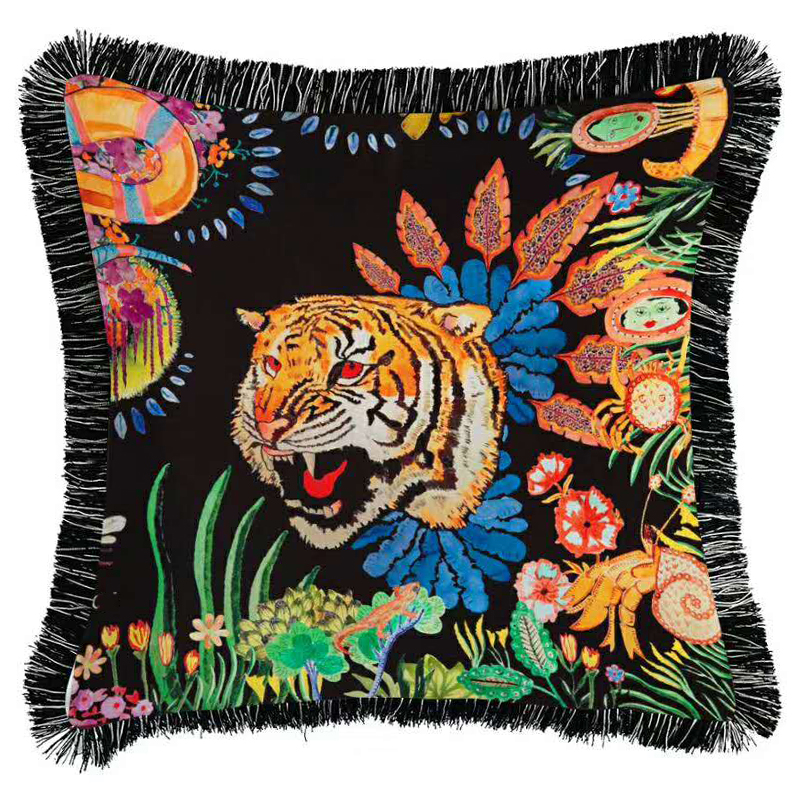 Декоративная подушка Cтиль Gucci Flower Tiger Черный Мульти в Уфе | Loft Concept 