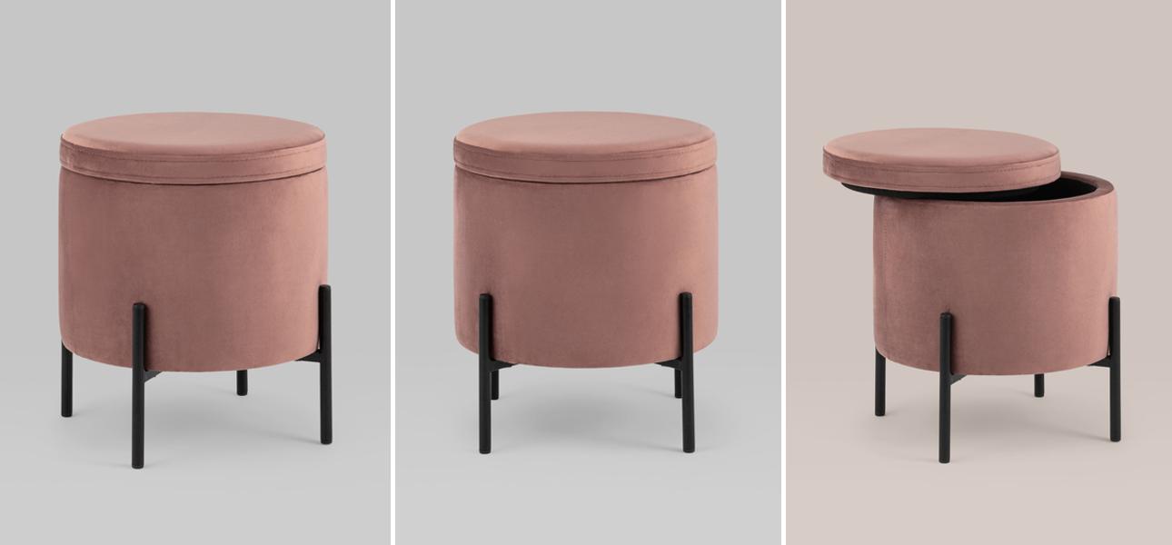 Пуф круглый с ящиком пыльно-розовый велюр Sanjay Velour - фото