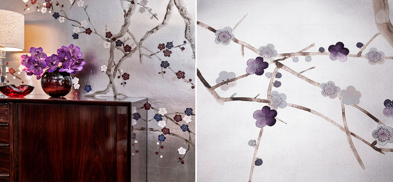 Обои ручная роспись Plum Blossom Lavender on Tarnished Silver gilded paper - фото №1