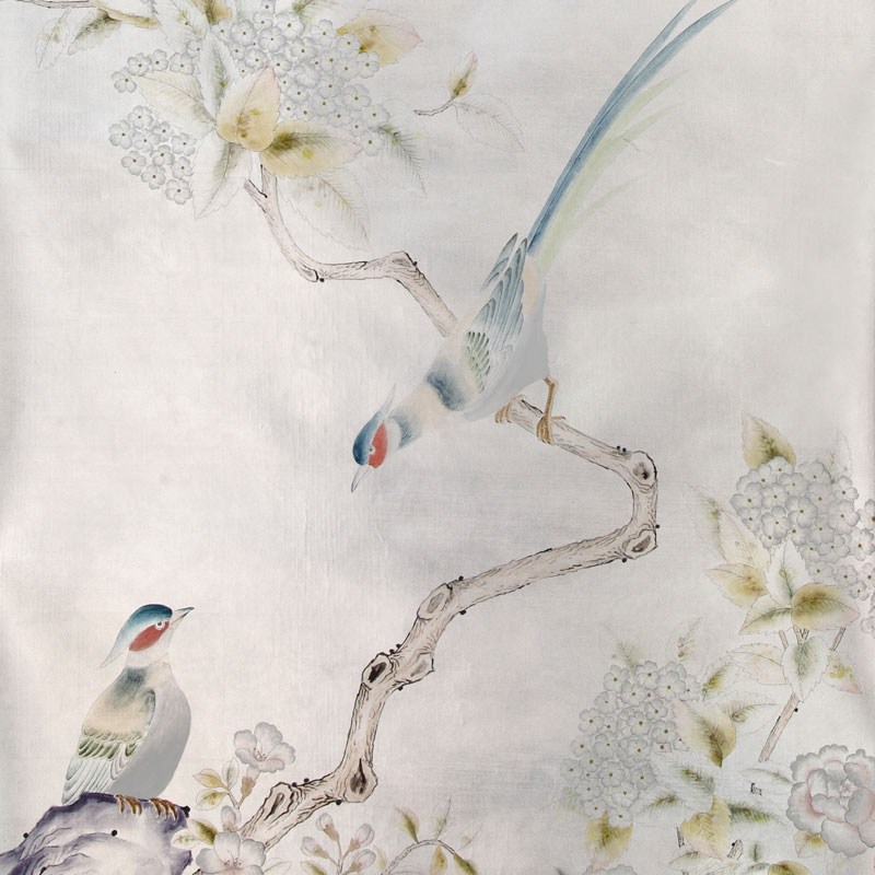 Обои ручная роспись Japanese Garden Special Colourway on Ocean Silver gilded silk  в Уфе | Loft Concept 