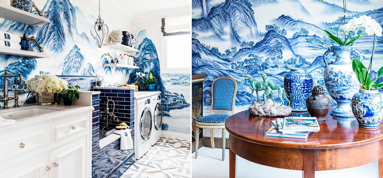 Обои ручная роспись A Thousand Li of Rivers and Mountains Delft on Bleached White dyed silk - фото №1