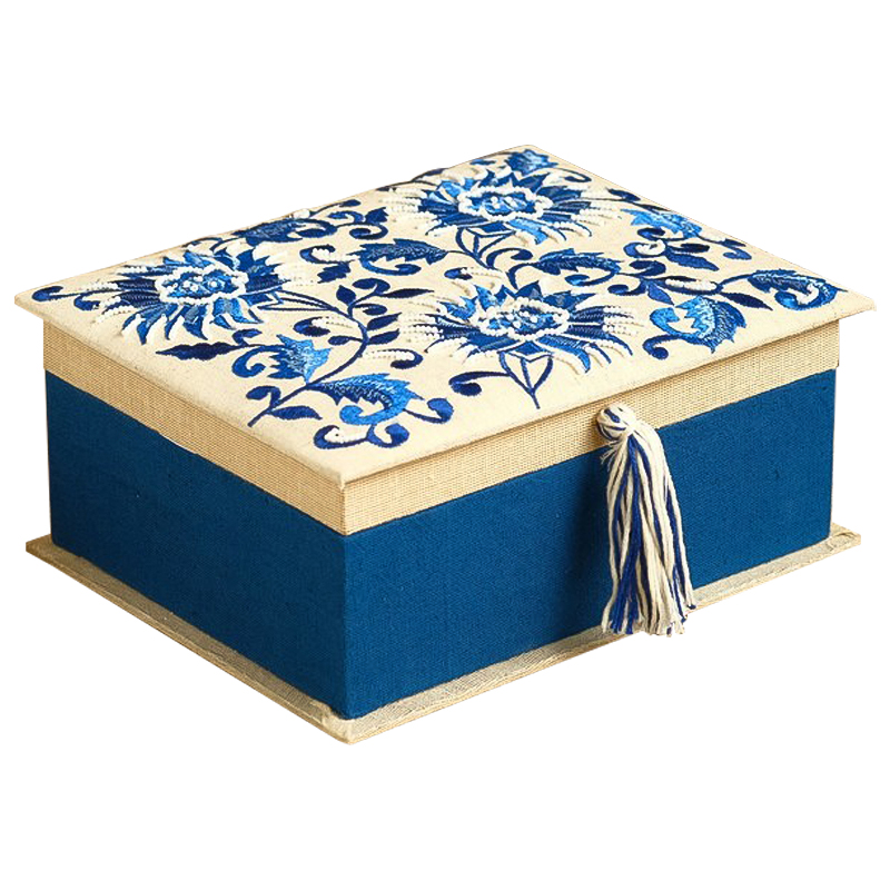 Шкатулка с вышивкой Blue Flowers Beads Embroidery Box Бежевый Синий Голубой в Уфе | Loft Concept 