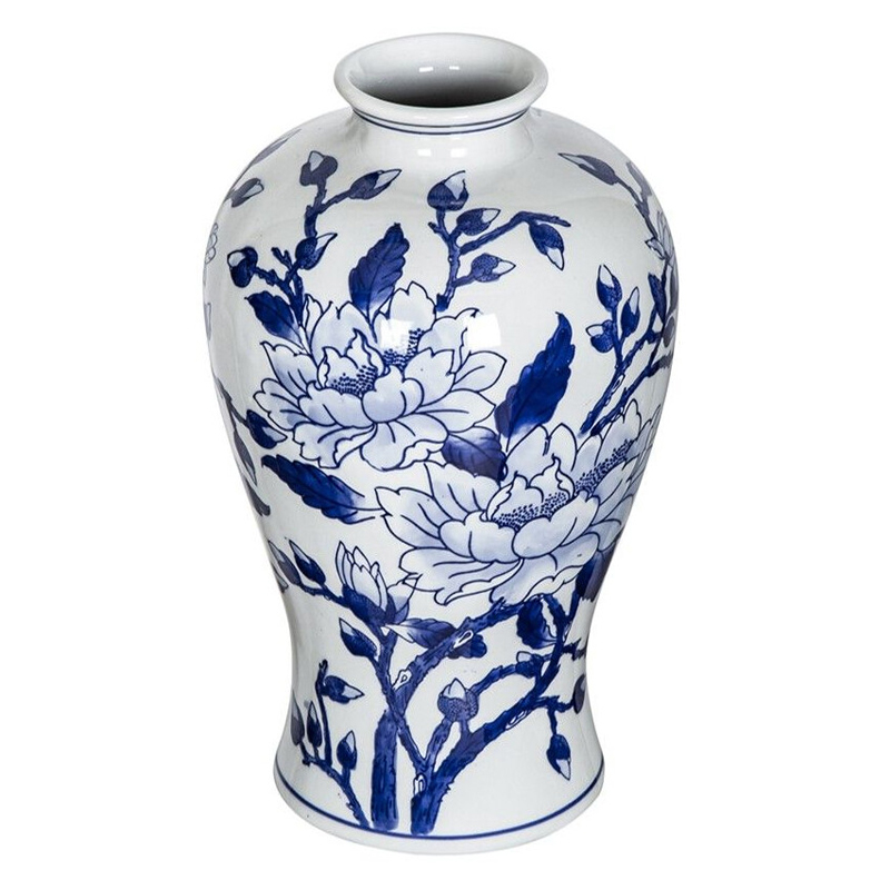 Ваза с бело-синей росписью и изображением цветов Blue & White Ornament Белый Синий Ваза с бело-синей росписью и изображением цветов Blue & White Ornament Белый Синий в Уфе | Loft Concept