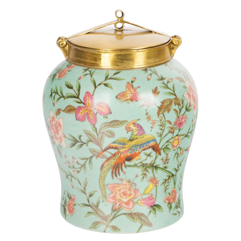Ваза округлой формы из фарфора с рисунком и бронзовой крышкой Turquoise Blooming Garden Мульти Бронза Бирюзовый Ваза округлой формы из фарфора с рисунком и бронзовой крышкой Turquoise Blooming Garden Мульти Бронза Бирюзовый в Уфе | Loft Concept