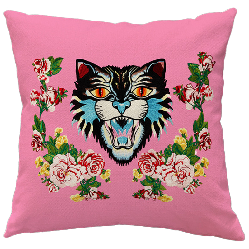 Декоративная подушка Стиль Gucci Cat Pink Розовый Мульти в Уфе | Loft Concept 