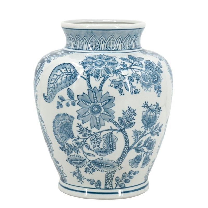 Ваза округлой формы белого цвета с синим растительным узором Blue & White Ornament Белый Синий Ваза округлой формы белого цвета с синим растительным узором Blue & White Ornament Белый Синий в Уфе | Loft Concept