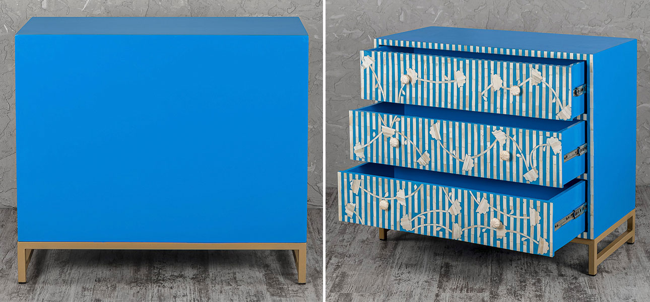 Комод синий инкрустация костью Blue Flowers - фото №1