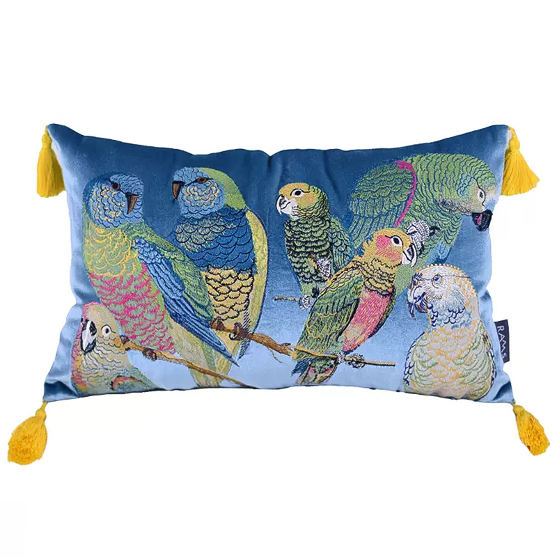 Декоративная подушка с вышивкой Embroidery Parrots Long Pillow Blue Голубой Мульти в Уфе | Loft Concept 