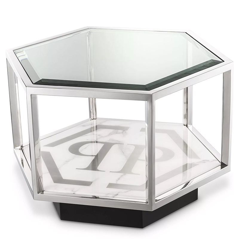 Приставной стол Philipp Plein Side Table Falcon View Chrome Хром Белый Мрамор Bianco Серый Черный Прозрачное Стекло в Уфе | Loft Concept 