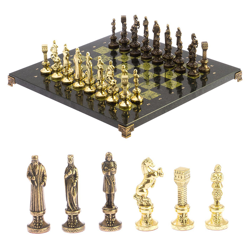 Шахматы Ренессанс из бронзы с доской из натурального камня Змеевик Decorative Thematic Chess  Золотой Бронза Черный Зеленый в Уфе | Loft Concept 