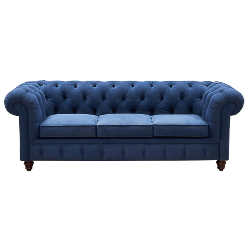 Диван Mini Kensington Sofa triple blue velor Сапфирово-синий Коричневый в Уфе | Loft Concept 