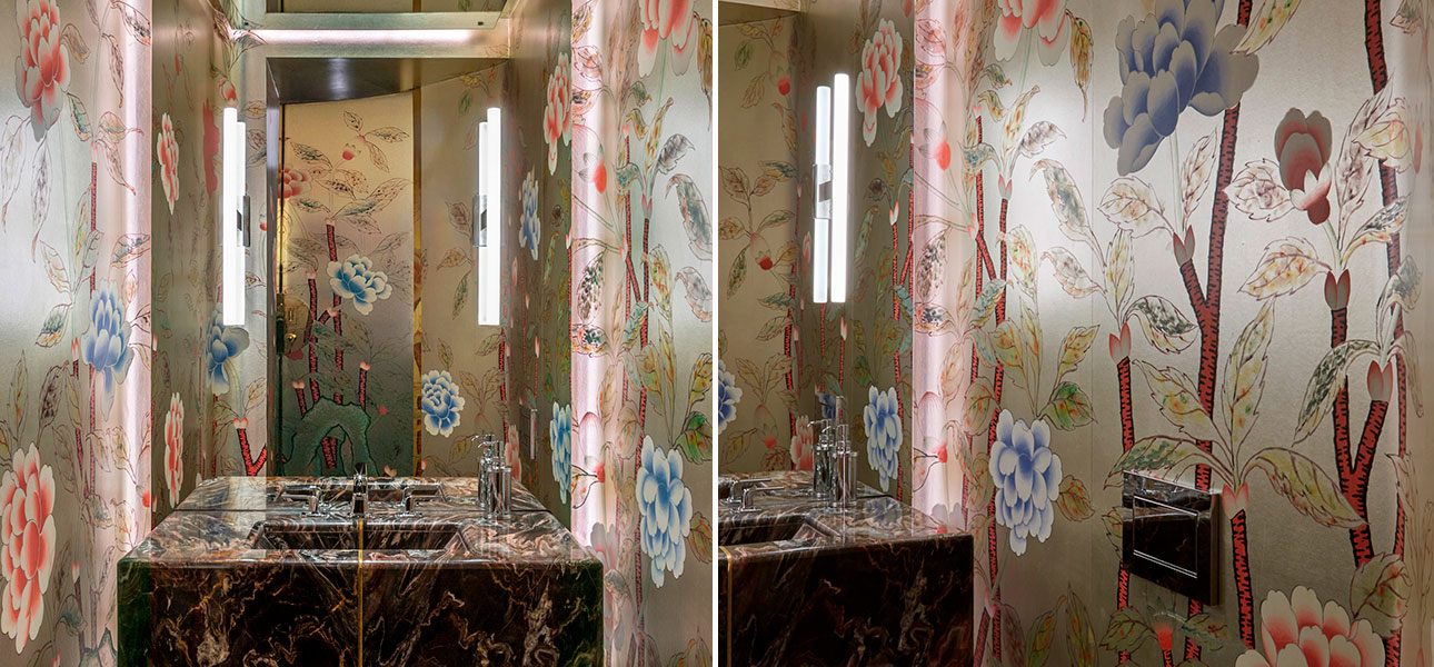 Обои ручная роспись Korean Peony Original colourway on Ocean Silver gilded silk with pearlescent antiquing - фото