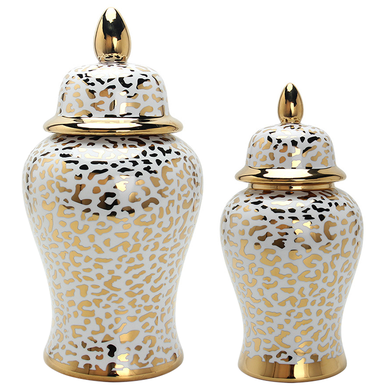 Ваза с крышкой Leopard Print Gold Vase Белый Глянцевое золото в Уфе | Loft Concept 